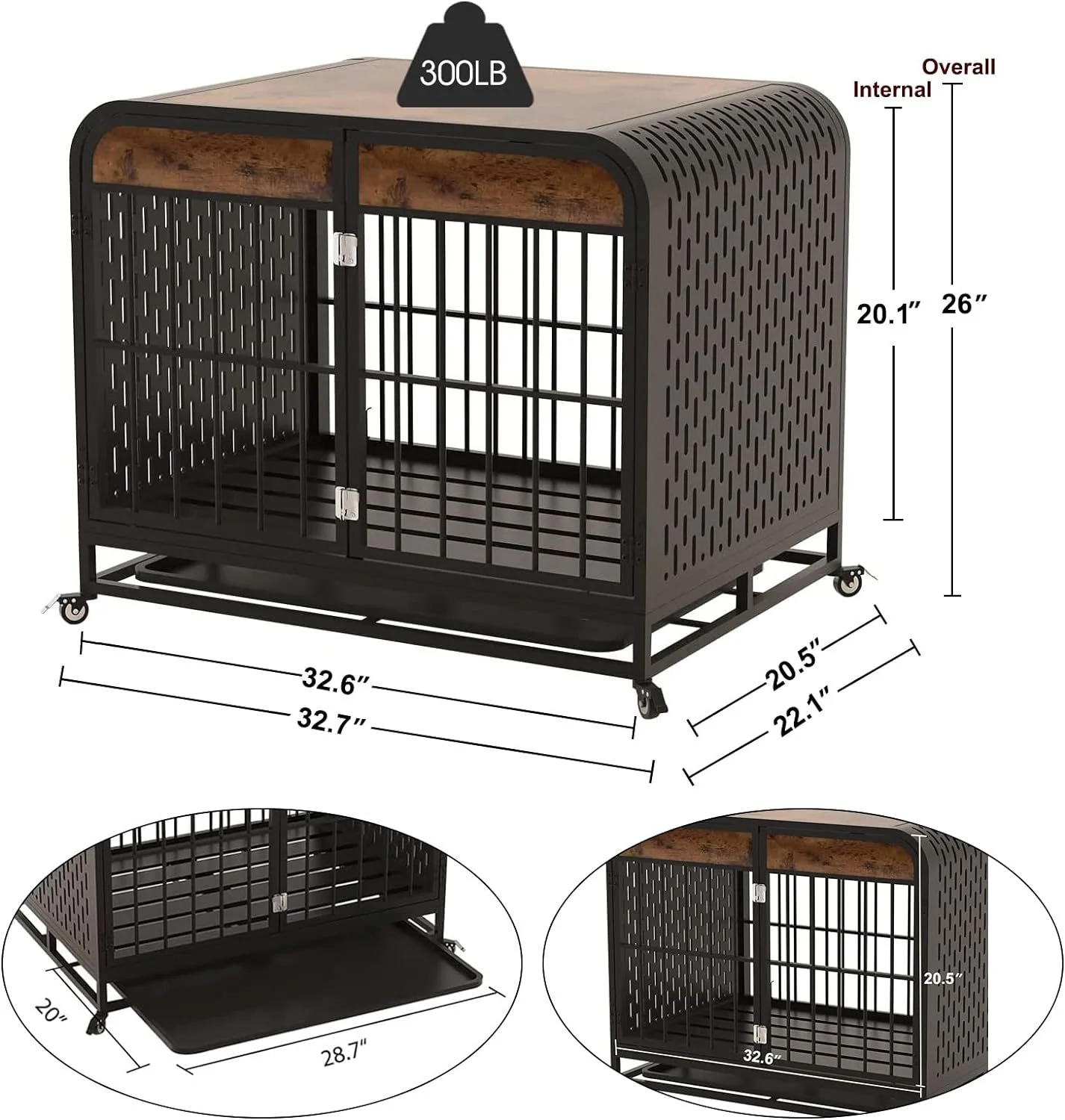 Heavy Duty Dog Crate Furniture – 33" Wooden Kennel with Lockable Wheels, Removable Tray & Double Doors for Small Dogs - Image 6