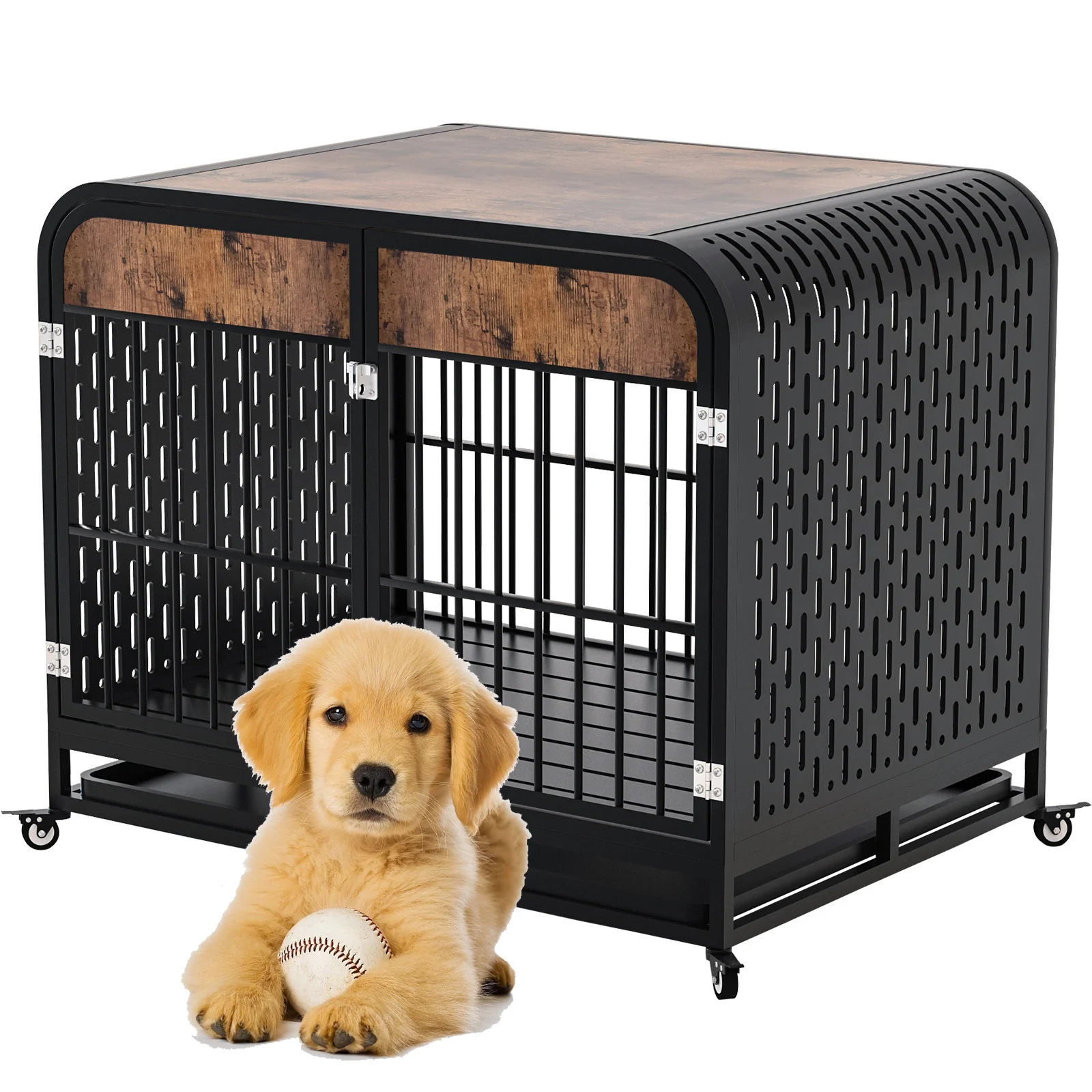 Heavy Duty Dog Crate Furniture – 33" Wooden Kennel with Lockable Wheels, Removable Tray & Double Doors for Small Dogs