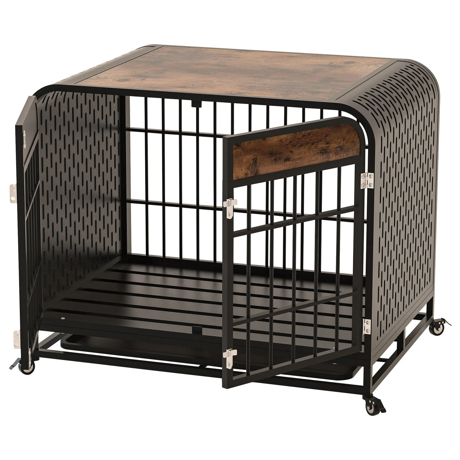 Heavy Duty Dog Crate Furniture – 33" Wooden Kennel with Lockable Wheels, Removable Tray & Double Doors for Small Dogs - Image 3